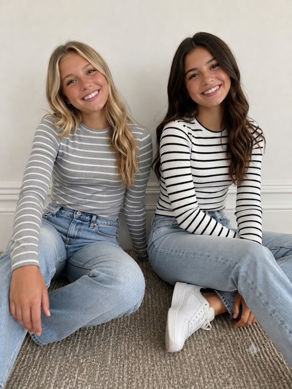 Set of 2 Madden Girl Striped Long-Sleeve Crewneck Top - White/Black & Gray/White
